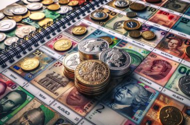 Coins with an august calendar in the background