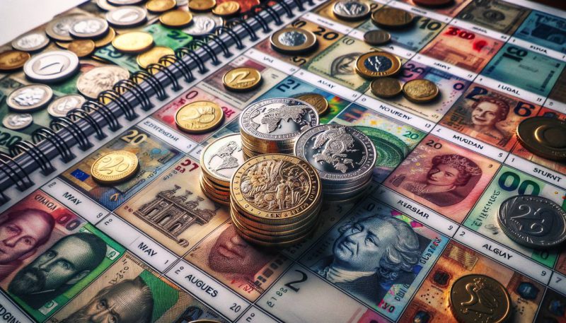 Coins with an august calendar in the background