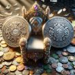 Two coins sitting next to an embellished throne