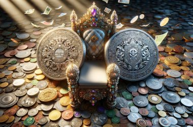 Two coins sitting next to an embellished throne