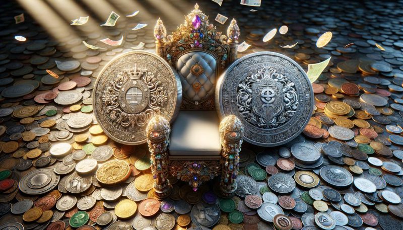 Two coins sitting next to an embellished throne