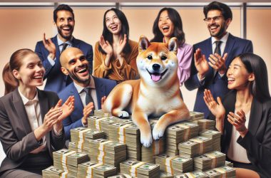 Shiba Inu sitting on stacks of bills with investors all around him