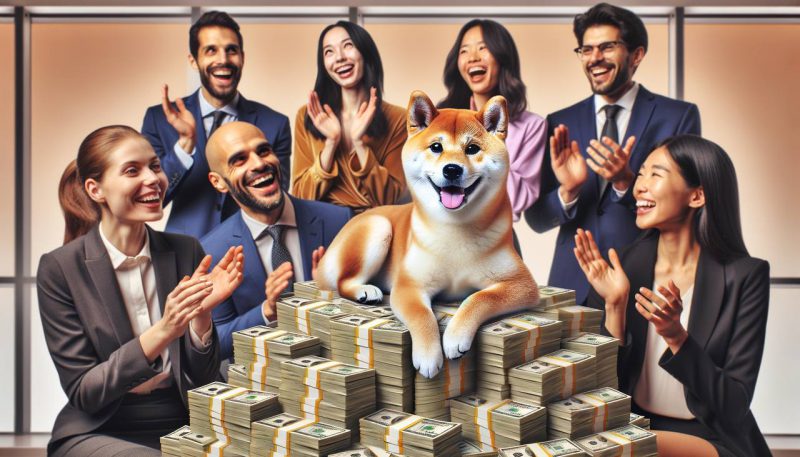 Shiba Inu sitting on stacks of bills with investors all around him