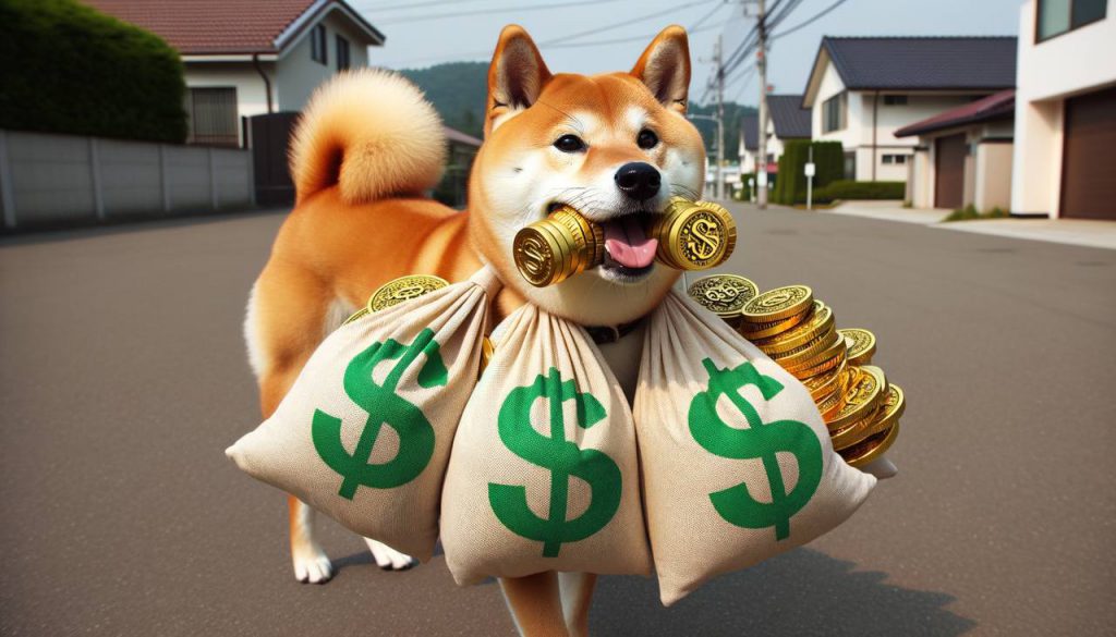 Shiba Inu carries bags full of money