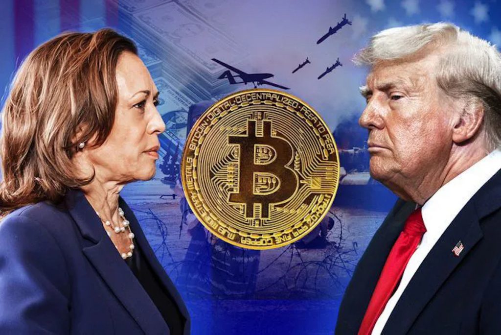 Kamala Harris And Donald Trump Pose on Opposite Ends of Bit (BTC)