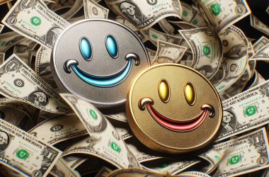 two smiling coins playing with money