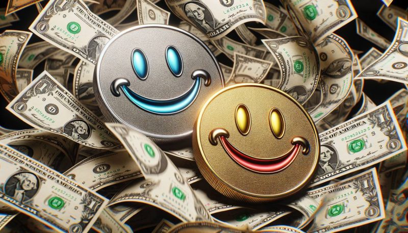 two smiling coins playing with money