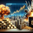 image of gold silver and bitcoin rallying with a background depicting bombs and crashes with oil barrels spilling