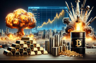 image of gold silver and bitcoin rallying with a background depicting bombs and crashes with oil barrels spilling