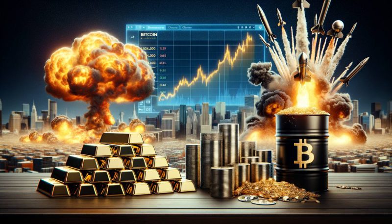 image of gold silver and bitcoin rallying with a background depicting bombs and crashes with oil barrels spilling