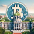 Pennsylvania State Capitol building with Bitcoin logo overlay