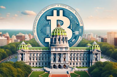 Pennsylvania State Capitol building with Bitcoin logo overlay