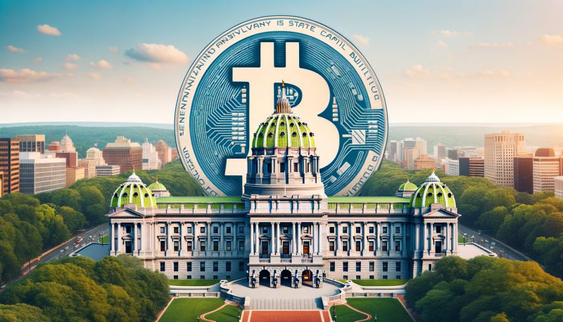 Pennsylvania State Capitol building with Bitcoin logo overlay