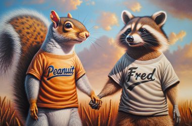 Peanut the Squirrel and Fred The Racoon holding hands