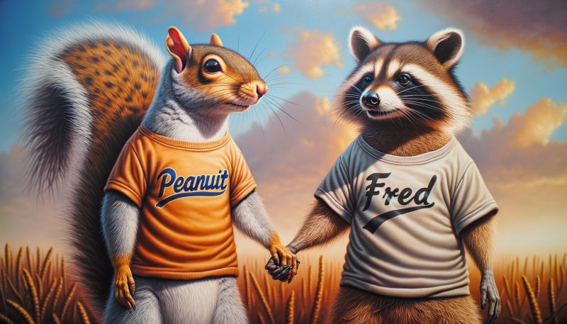 Peanut the Squirrel and Fred The Racoon holding hands