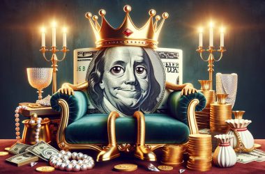 US Dollar portrayed as happy surrounded by a lot of wealthy objects