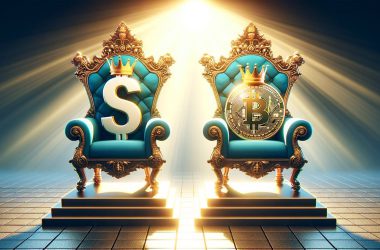 US Dollar and Bitcoin sitting on thrones wearing crowns