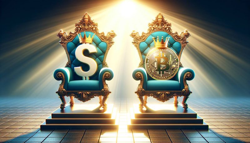 US Dollar and Bitcoin sitting on thrones wearing crowns