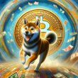 Shiba Inu wagging his tail happily running around bitcoin’s logo surrounded with money