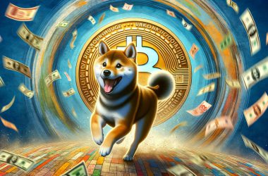 Shiba Inu wagging his tail happily running around bitcoin’s logo surrounded with money