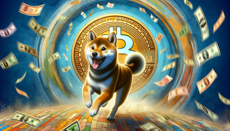 Shiba Inu wagging his tail happily running around bitcoin’s logo surrounded with money