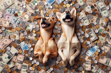 Two dogs sitting in a pool of money