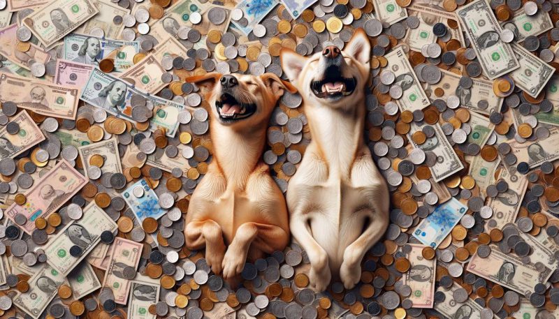 Two dogs sitting in a pool of money