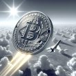 Bitcoin flying through clouds