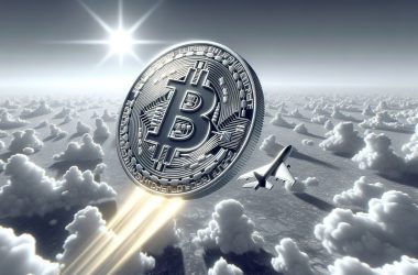 Bitcoin flying through clouds