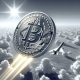 Bitcoin flying through clouds