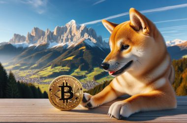 Doge playing with Bitcoin on a mountain