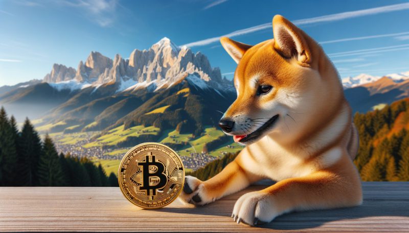 Doge playing with Bitcoin on a mountain