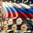 russia flag with oil barrels