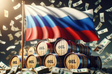 russia flag with oil barrels