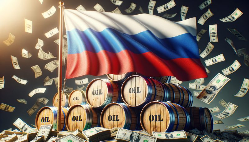 russia flag with oil barrels