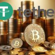 Bitcoin pile with Tether logo