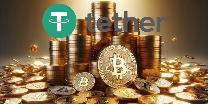 Bitcoin pile with Tether logo