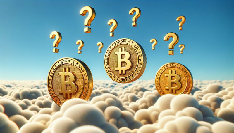 Bitcoin and question marks in the sky