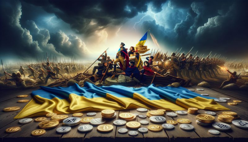 Ukraine flag with crypto and war