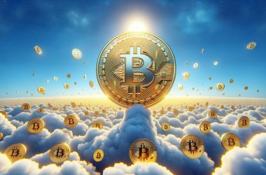 Bitcoin flying through clouds