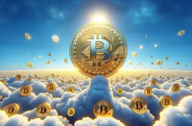 Bitcoin flying through clouds