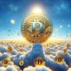 Bitcoin flying through clouds