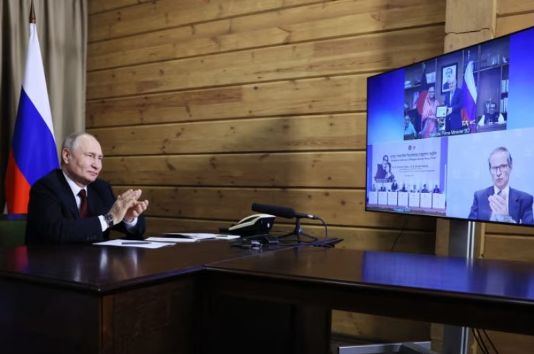 President Putin participating in a virtual nuclear power plant ceremony