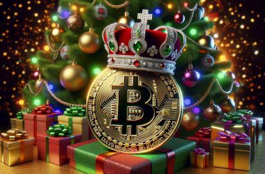 Bitcoin wearing a crown sitting near a christmas tree