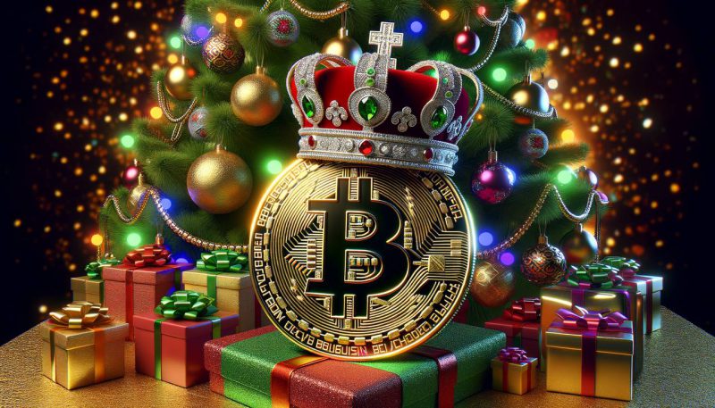 Bitcoin wearing a crown sitting near a christmas tree