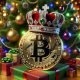 Bitcoin wearing a crown sitting near a christmas tree