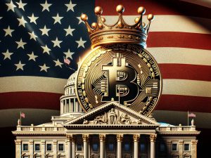 Bitcoin sitting on top of the White House wearing a crown
