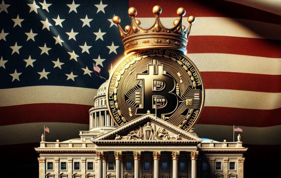Bitcoin sitting on top of the White House wearing a crown