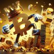 Bitcoin wearing a crown ,attacking gold bricks