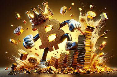 Bitcoin wearing a crown ,attacking gold bricks